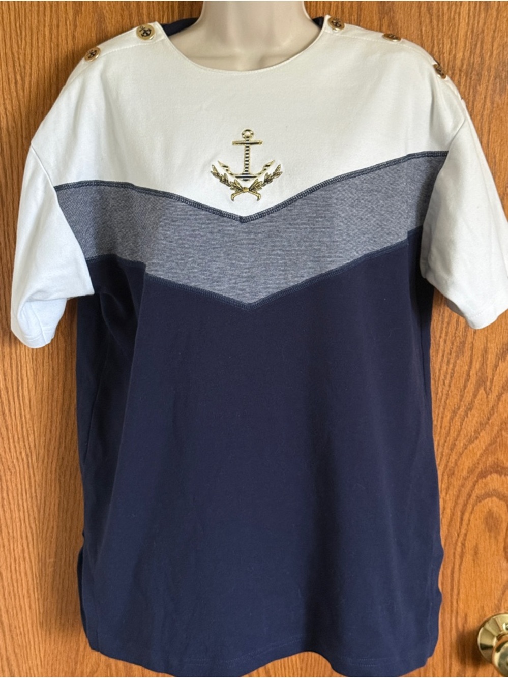 Vtg Molto Fino Nautical Anchor Top Short Sleeves Blue / White Women's Size Large